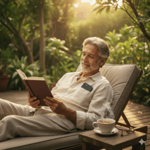 Middle-aged man sitting in a garden, reading a book while his phone sits in his pocket.