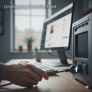 Hand unplugging a cord from a computer. The cord is labelled with the Facebook logo.